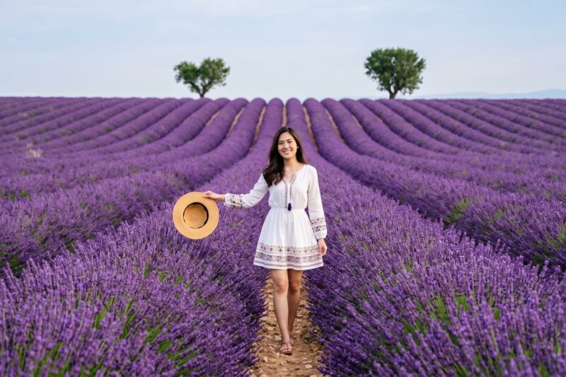 Kannaya Nareswari in a white dress happily walking through a vibrant lavender field, enjoying nature's beauty on a sunny day.