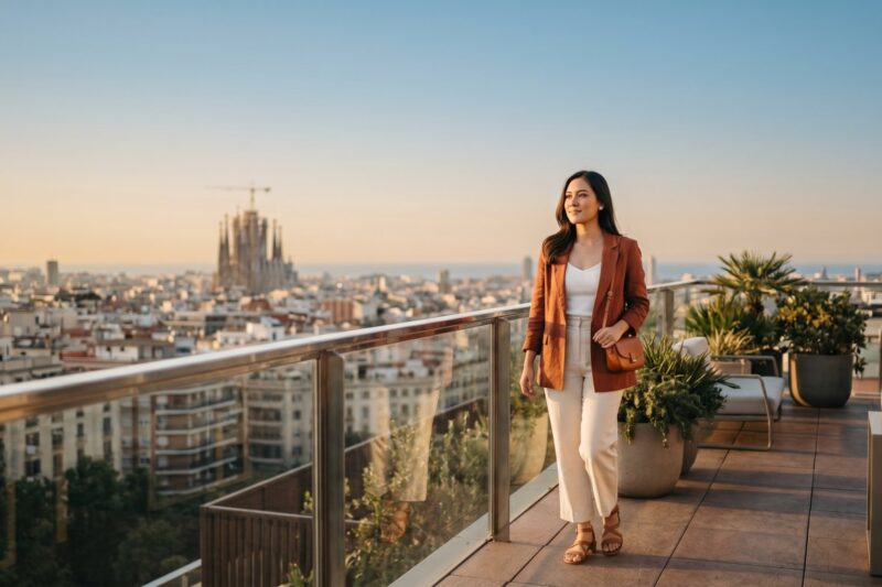 Kannaya Nareswari strolling on a rooftop terrace in Barcelona, with a stunning view of the city and the iconic Sagrada Família at sunset.