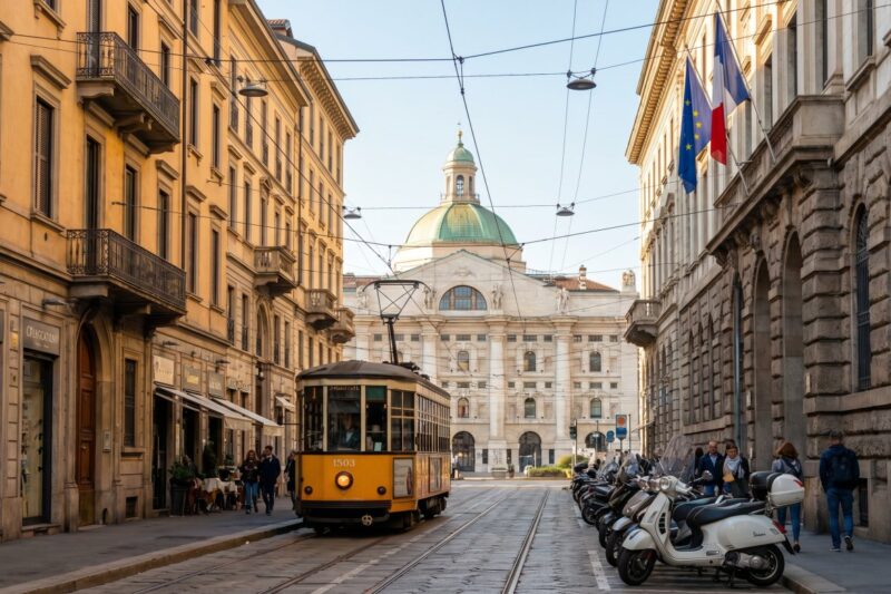 Charming Milan street with a vintage tram passing by stylish cafes and elegant architecture under a clear blue sky.