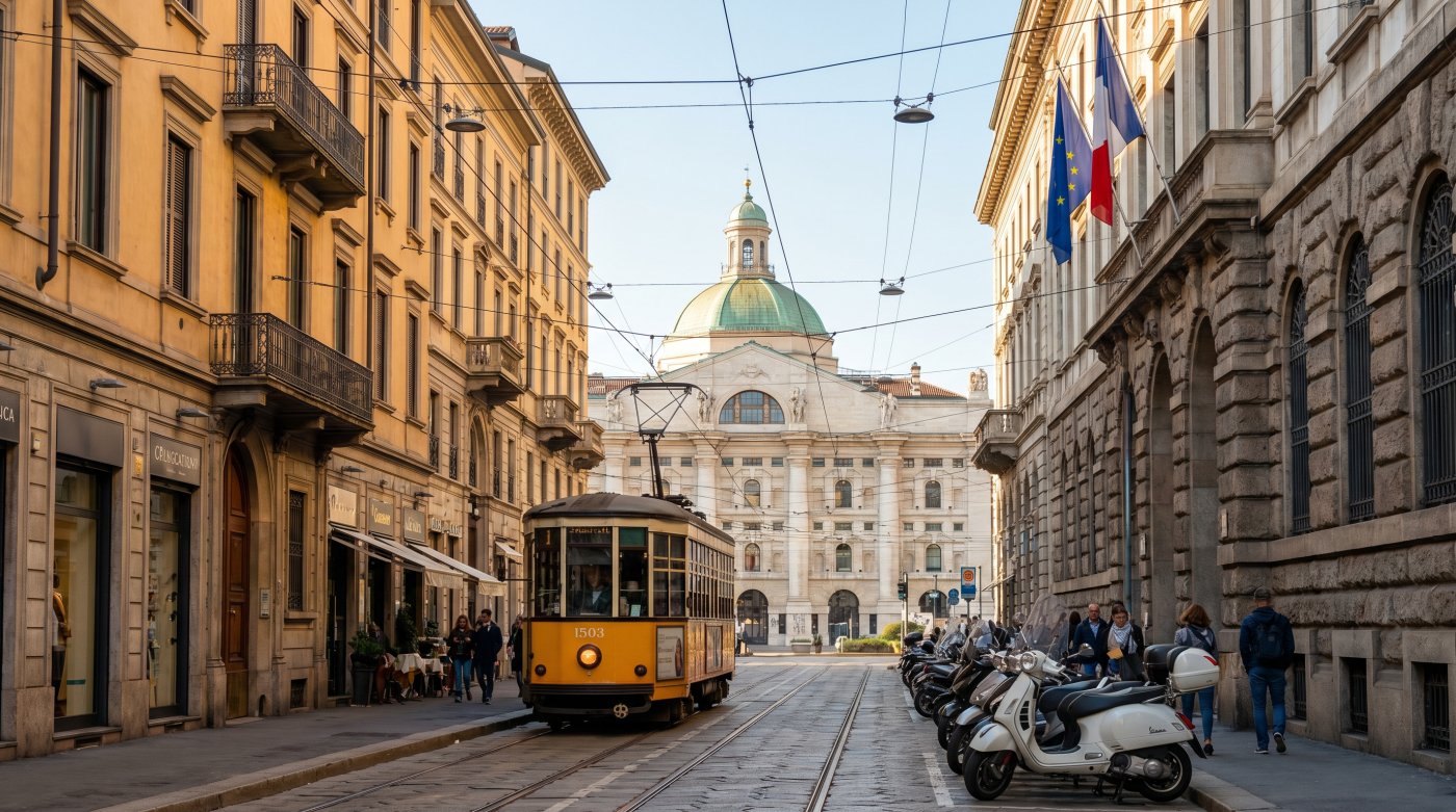 Charming Milan street with a vintage tram passing by stylish cafes and elegant architecture under a clear blue sky.