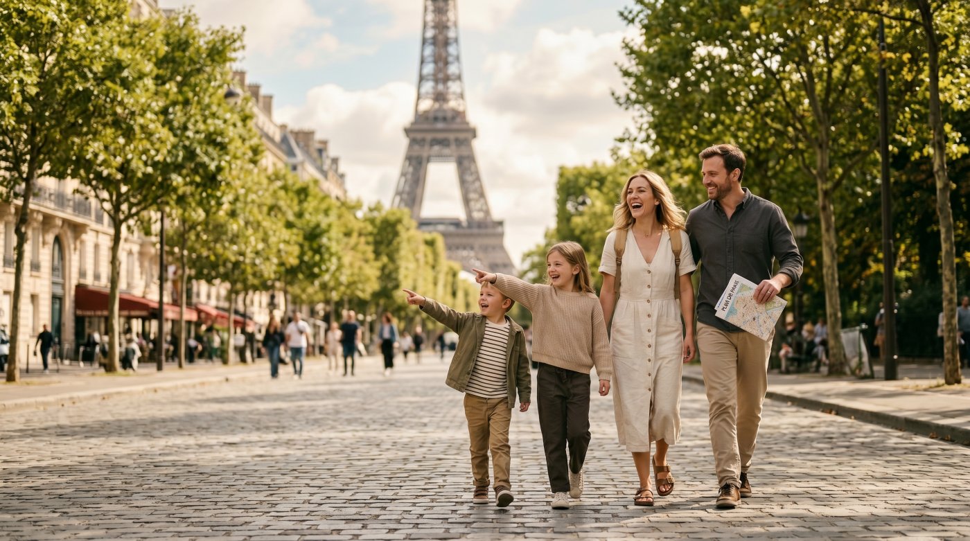 Family enjoying a joyful stroll near the Eiffel Tower, pointing excitedly while exploring Paris's vibrant streets.
