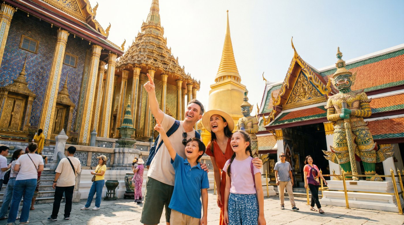 Family enjoying a day at a vibrant Thai temple, joyfully interacting and exploring the stunning architecture around them.