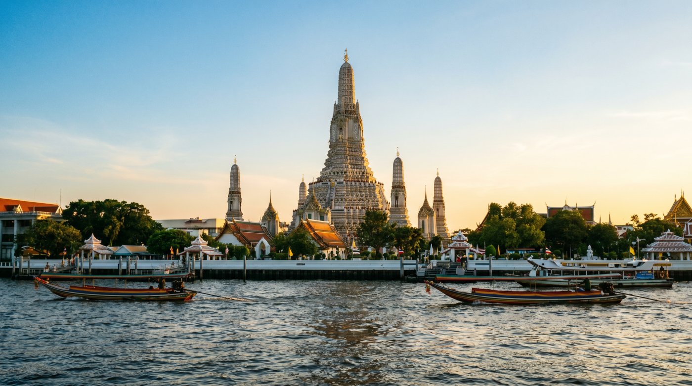 Wat Arun stands majestically along the riverbank, with traditional boats gliding past at sunset in Bangkok, Thailand.