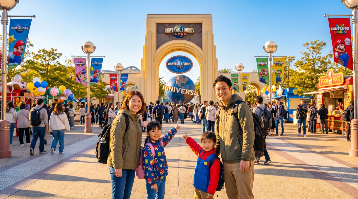 Family enjoying a fun day at Universal Studios Japan, posing in front of the iconic entrance with colorful decorations.